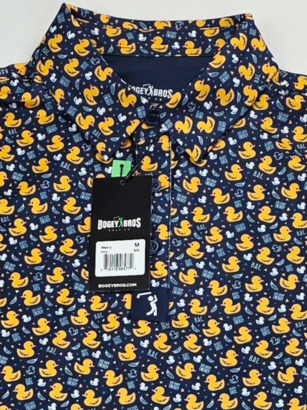 Bogey Bros SPF45+ Navy Yellow Duck Mens Size Medium 4 Way Stretch Polo NWT